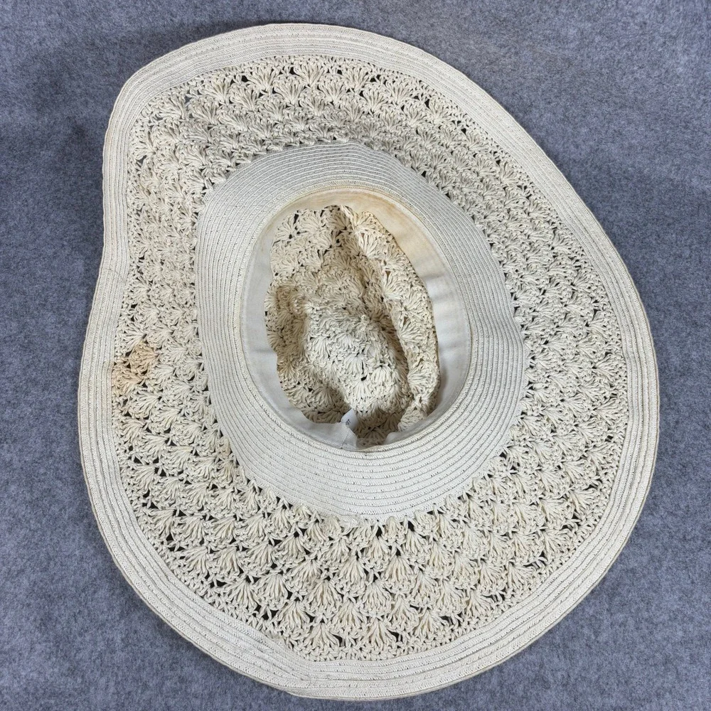 Nine West Womens Wide Brim Floppy Sun Hat OS Cream Crochet Straw Beach Summer